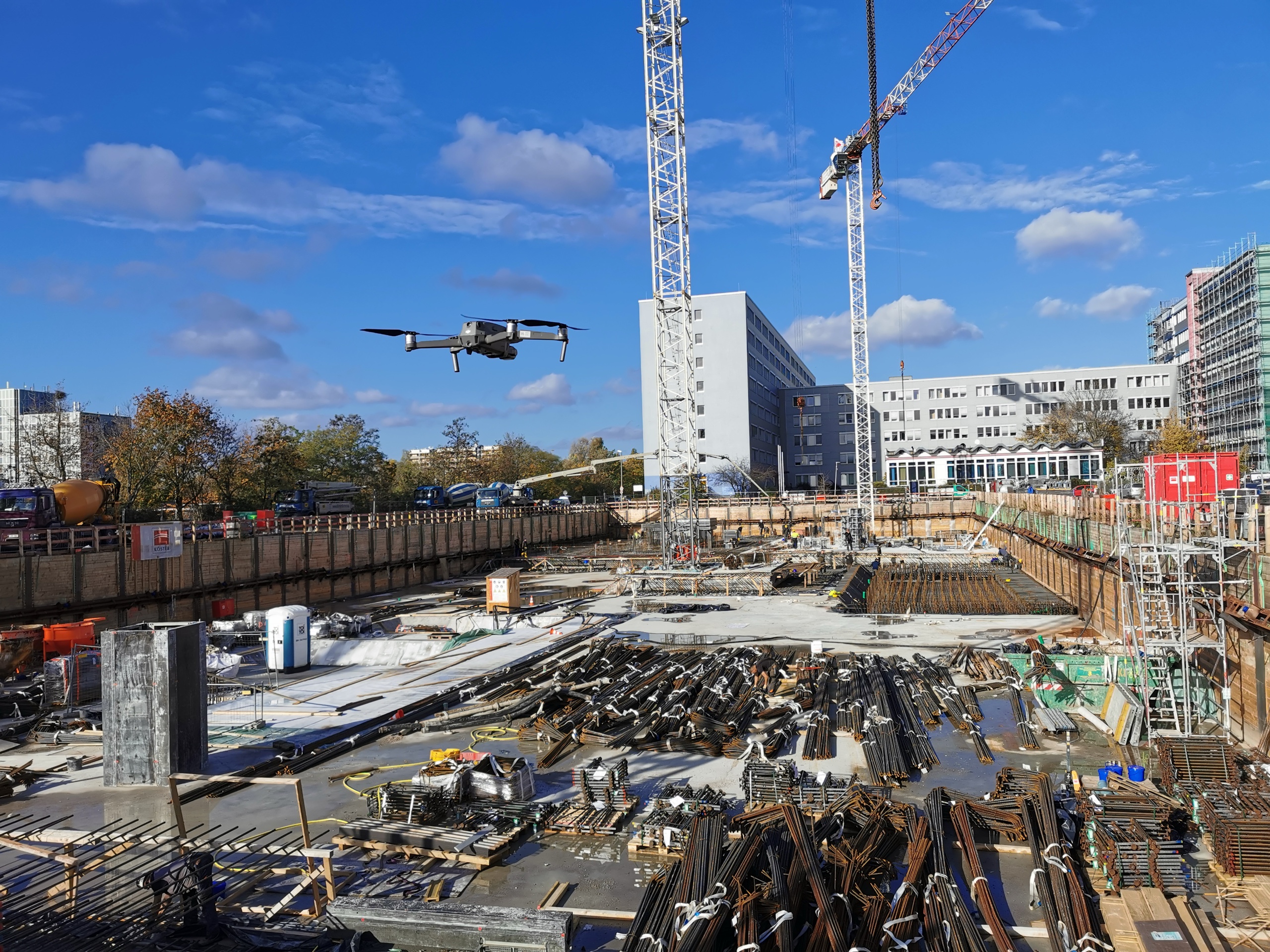 Drone flying over construction site