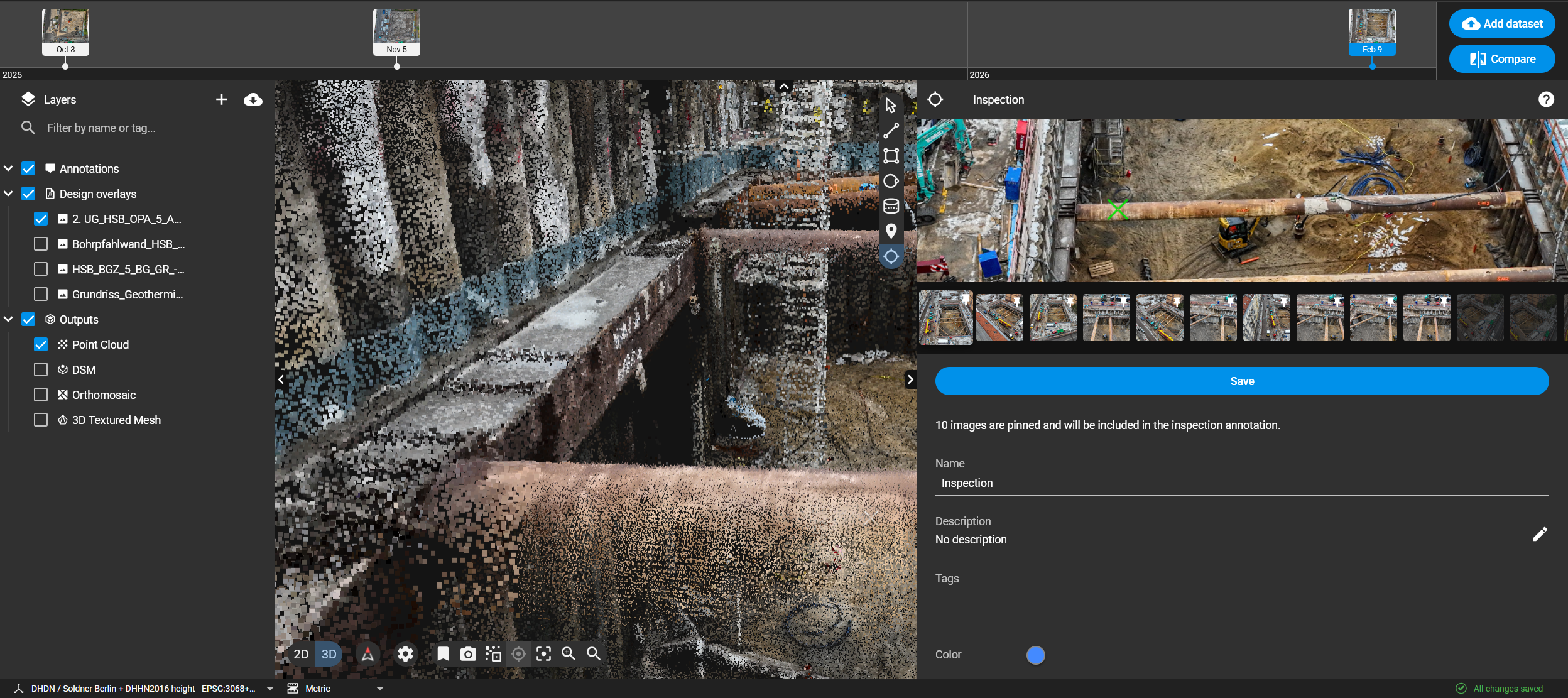 Cloud-Plattform im Browser mit Punktwolke, 3D-Mesh und Layer-Steuerung — das fertige Deliverable